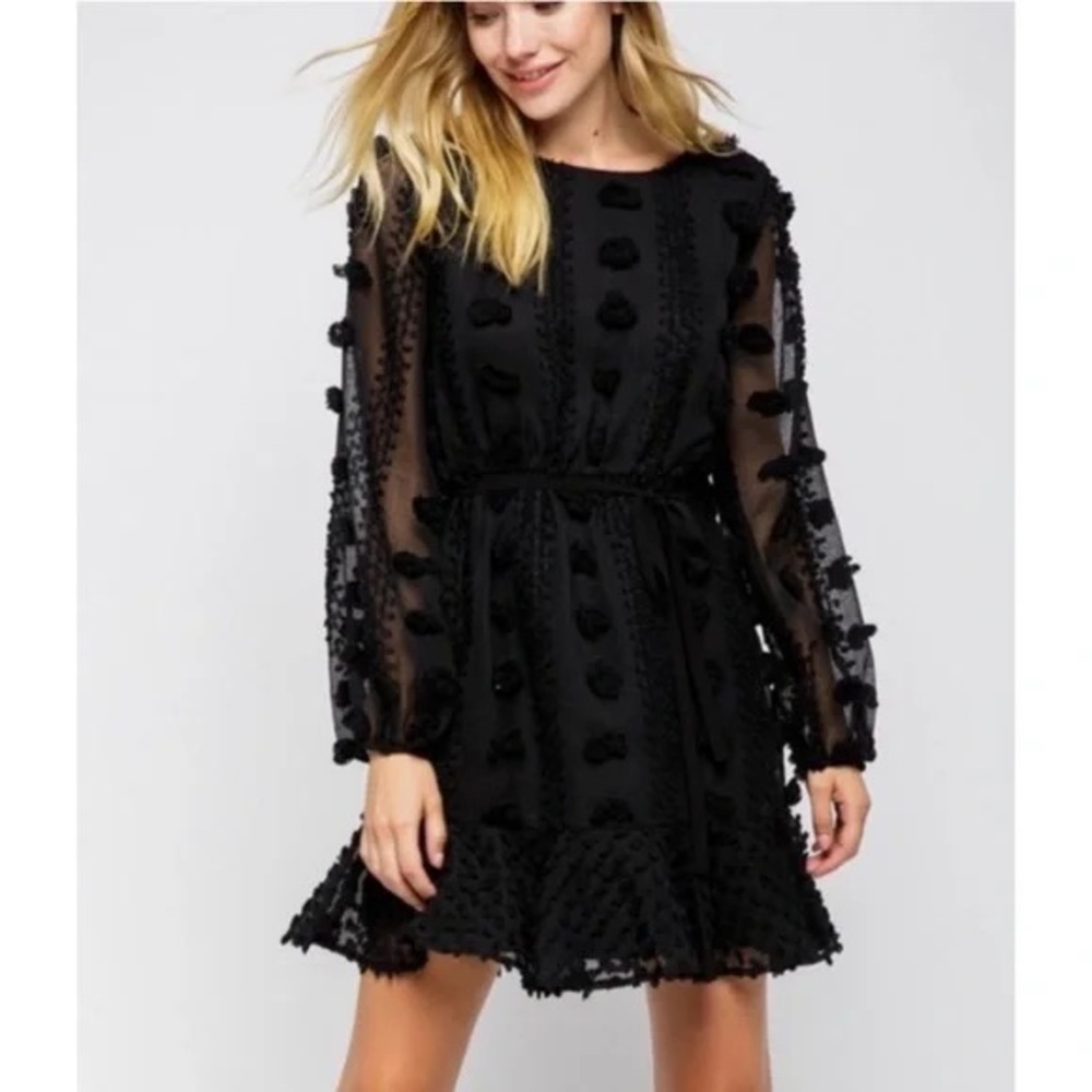 &merci 3D Floral Pom Pom Mini Dress Womens Size S Black Sheer Long Sleeve Ruffle